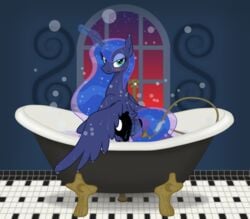 absurd_res alicorn bath bathtub bedroom_eyes blush camo-pony equid equine female feral friendship_is_magic hasbro hi_res horn horse levitation looking_at_viewer magic mammal mane masturbation mega_spark my_little_pony narrowed_eyes night pony princess_luna_(mlp) seductive solo spread_wings standing sunset tile_floor water water_jacking wet window wings