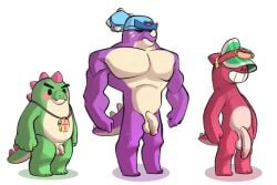 brawl_stars buzz_(brawl_stars) cap chubby_male dinosaur doug_(brawl_stars) furry_only male_only muscular_male naked_male naughty_ferret penis_size_difference pierce_(brawl_stars) simple_background size_difference tagme visor_cap