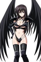 1girl armor armored_boots big_breasts bikini black_bikini black_hair black_thighhighs boots breasts chain choker elbow_gloves feathered_wings gloves harness high_school_dxd highres large_breasts multi-strapped_bikini_bottom navel non-web_source o-ring o-ring_harness raynare red_eyes shoulder_armor shoulder_spikes spikes swimsuit thighhighs tnk_(company) underbust white_background wings