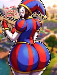 1girl ai_generated ass blue_gloves blue_hat blurry blurry_background blush breasts brown_hair commentary coreia fortnite fortnite:_battle_royale glitch_productions gloves hat highres jester jester_cap jester_costume large_breasts light-skinned_female looking_back multicolored_eyes open_mouth pomni pomni_(tadc) pomni_(the_amazing_digital_circus) purple_eyes red_eyes red_gloves red_hat short_sleeves solo solo_female striped_clothes striped_headwear sweat sweaty sweaty_ass the_amazing_digital_circus thighs vertical-striped_clothes vertical-striped_headwear