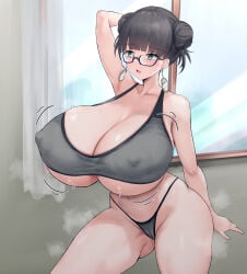 1girl absurdres alternate_breast_size_(larger) arm_up bare_arms bikini black_hair blush breasts cameltoe cleavage collarbone commentary_request commission covered_erect_nipples double_bun earrings gigantic_breasts glass glasses green_eyes hair_bun highres indoors jewelry navel open_mouth pixiv_commission solo standing steaming_body swimsuit tensei_shitara_slime_datta_ken thighs underboob window yuuki_shuri