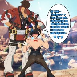 1boy 1girls arc_system_works blush bunnysuit english_text granddaughter grandfather grandfather_and_granddaughter grandparent_and_grandchild guilty_gear guilty_gear_strive head_grab imminent_sex incest lolikill sol_badguy text_bubble tomboy tongue_out unika_(guilty_gear)