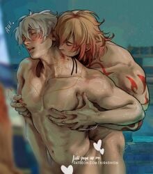 2boys arm_tattoo biting biting_neck blonde_hair censored closed_eyes collarbone commentary completely_nude darksideofkira english_commentary fingernails heart heart_censor honkai:_star_rail honkai_(series) lips male_focus male_penetrated moaning multicolored_hair multiple_boys mydei_(honkai:_star_rail) navel neck_tattoo nipple_stimulation nipples nose nude orange_hair paid_reward_available patreon_username pectorals phainon_(honkai:_star_rail) red_tattoo sex sex_from_behind sun_symbol sun_tattoo sweat tattoo two-tone_hair web_address yaoi
