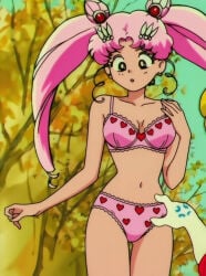 1girls ai_generated bishoujo_senshi_sailor_moon bra chibi_usa female panties pink_bra pink_hair pink_panties screenshot_edit underwear underwear_only