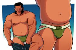 bara baramantik beard belly belly_button black_hair bulge chubby chubby_male darius_(fullmetal_alchemist) facial_hair fat_male fullmetal_alchemist fullmetal_alchemist_brotherhood jockstrap male male_only navel nipples pecs pubic_hair pulling_down_pants solo
