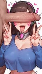 1boy 1girl 2026 ai_generated artist_name boobs breasts brown_hair bust cheek_poking chest cock covered_nipples d.va dick double_v erection hetero hi_res high_quality highres overwatch patreon patreon_username penis penis_on_face pinkname precum solo_focus testicles tits tongue tongue_out trembling twitching_penis v watermark
