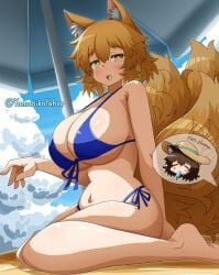 2girls beach beach_umbrella big_breasts bikini blonde_hair blue_bikini cat_ears cat_girl catgirl chen clothes female fox_ears fox_girl fox_tail kitsune large_breasts light-skinned_female popsicle popsicle_in_mouth ran_yakumo stage sun_hat tagme touhou touhou_project twitter umbrella yakumo_ran yamabikoyahoo