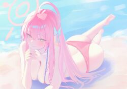 1girl absurdres ahoge ass bare_shoulders beach bikini blue_archive blush bow braid breasts chinese_commentary cleavage closed_mouth collarbone commentary_request day green_eyes hair_between_eyes hair_bow halo hanako_(blue_archive) hanako_(swimsuit)_(blue_archive) highres large_breasts legs long_hair looking_at_viewer lying median_furrow ocean on_stomach outdoors pink_bikini pink_hair pink_halo pink_lips revision sand smile solo swimsuit white_bow