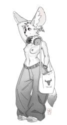 anthro anthro_female belt boobs brown_eyes casual_topless eldstunga grayscale greyscale headphones nipples pants shoes shoulder_bag topless topless_female white_background