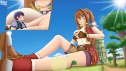 breast_smother brown_hair brown_hair_female brunette brunette_female brunette_hair daikaitenf dialogue eiyuu_densetsu english english_dialogue english_text english_translation estelle_bright extreme_size_difference falcom female_focus fully_clothed gentle giant_female giantess hugging larger_female light-skinned_female light_skin light_skinned_female macro macro_female red_eyes red_eyes_female size_difference smothering_breast sora_no_kiseki the_legend_of_heroes trails_in_the_sky trails_of_(series)