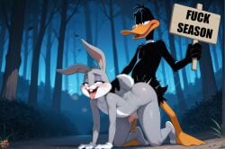 ai_generated anthro_on_anthro bugs_bunny daffy_duck duck fenix_ai gay holding_sign in_forest looking_pleasured looney_tunes male penetration penis rabbit rabbit_tail sex