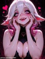 1girl ai_generated animal_ears arlequin097 artist_name bare_arms bare_shoulders blush breasts briar_(league_of_legends) cleavage fangs fingernails gradient_hair grey_hair hair_between_eyes hands_on_own_cheeks hands_on_own_face heart heart-shaped_pupils large_breasts league_of_legends looking_at_viewer multicolored_hair open_mouth patreon_username pink_hair riot_games sharp_fingernails shiny_skin smile solo streaked_hair symbol-shaped_pupils teeth two-tone_hair upper_body upper_teeth_only vampire white_hair