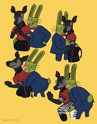 2018 anthro anthro_on_anthro bottomless bow_tie catdog_(series) clothed clothed_sex clothing duo eyewear female from_behind_position giraffid glasses hi_res interspecies lagomorph leporid male mammal nickelodeon oc okapi original_character pince-nez polo_shirt rabbit rancid_rabbit sequence sex shirt straight stripes suit sweetbot topwear unprofessional_behavior whiskers