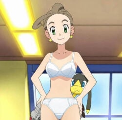 1girls ai_generated alexa_(pokemon) bra female panties pokemon screenshot_edit underwear underwear_only white_bra white_panties