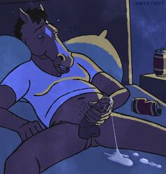 2018 alcohol anthro balls beating_meat beating_off bed beer belly_hair beverage beverage_can black_hair bodily_fluids bojack_horseman bojack_horseman_(character) bottomless brown_body clothed clothing cum cum_string drunk equid equine erection furniture genital_fluids genitals hair holding_penis horse humanoid_genitalia humanoid_penis jacking_off jerking_off looking_down lying male male_only mammal masturbation moobs netflix on_back on_bed overweight overweight_male pecker_tracks penile penile_masturbation penis pillow portrait post_nut_clarity pubes shirt slightly_chubby solo spread_legs spreading substance_intoxication sweetbot t-shirt three-quarter_portrait topwear white_clothing white_shirt white_topwear