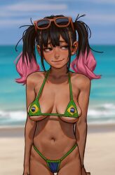 1girls beach big_breasts bikini black_eyes black_hair brazilian brazilian_flag brazilian_flag_print breasts busty cleavage dark-skinned_female female female_only flag_bikini hi_res large_breasts legs looking_away navel ocean pink_hair smile solo sunglasses thighs thong_bikini two-tone_hair voluptuous water