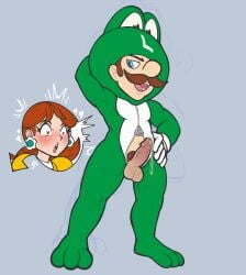 1boy 1girls arm_behind_head balls blue_eyes blush brown_hair clothing costume dress earrings erection facial_hair feet female frog_suit genitals gloves green_body hand_on_hip heart-shaped_pupils light-skinned_female light-skinned_male light_skin looking_at_another luigi male male/female mario_(series) mature mature_female mature_male nintendo open_mouth orange_dress penis penis_out princess princess_daisy royalty suns_(artist) testicles white_gloves