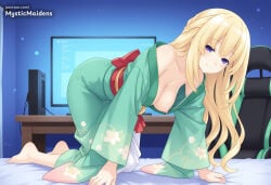 1girl ai_generated all_fours anime anime_style bare_shoulders barefoot bed blonde_hair blue_eyes blush braid breasts cleavage cpu_(neptunia) green_heart_(neptunia) hanging_breasts hentai hi_res hyperdimension_neptunia japanese_clothes kimono large_breasts long_hair looking_at_viewer mystic_maidens neptunia_(series) nipples no_bra patreon patreon_username sash smile solo vert vert_(neptunia)