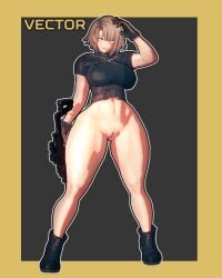 1girls 3d bottomless character_name female female_only girls'_frontline girls'_frontline_2:_exilium gloves grey_hair gun holding_weapon jike kriss_vector looking_at_viewer pussy shirt short_hair thick_thighs uncensored vector_(girls'_frontline) vector_(girls'_frontline_2) weapon yellow_eyes