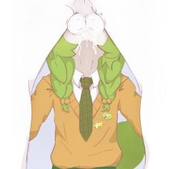 1boy 1girls amphibian backsack balls braid braided_hair clothed clothed_female cum cum_dripping cum_dripping_down_chin cum_dripping_from_mouth cum_in_mouth cum_inside cum_on_face cum_overflow deepthroat fellatio frog_girl green_hair indie_virtual_youtuber justjnabi kemonomimi reptile reptile_girl sweater tail testicles_clench tie twin_braids virtual_youtuber vtuber