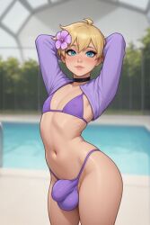 1boy ai_generated arms_behind_head belly_button bikini blonde_hair blue_eyes blurry_background blush_lines bolero bulge bulge_through_clothing bulge_under_clothes choker crossdressing eyelashes femboy flower_in_hair hair_between_eyes looking_at_viewer micro_bikini midriff narrow_waist pelvic_line penis_bulge poolside purple_clothing request requested rgomez007 self_upload short_hair smiling_at_viewer stable_diffusion standing swimming_pool swimsuit thick_lips thick_outline thick_thighs thong_bikini wide_hips