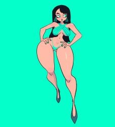 aqua_eyes bikini black_hair black_lipstick breasts earrings footwear hands_on_hips large_breasts long_hair looking_away navel original original_character posing slim_waist tagme thick_thighs vanillasketchy voluptuous wide_hips