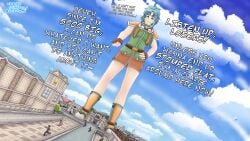 2023 blue_hair blue_hair_female building building_destruction daikaitenf destruction destruction_of_property dialogue eiyuu_densetsu english english_dialogue english_text english_translation extreme_size_difference falcom female_focus fingerless_gloves giant_female giantess green_eyes green_eyes_female green_shirt green_vest josette_capua larger_female light-skinned_female light_skin light_skinned_female macro macro_female size_difference skirt sora_no_kiseki the_legend_of_heroes trails_in_the_sky trails_of_(series)
