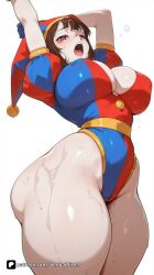 1girl ai_generated arms_up artist_name bangs blue_eyes blue_leotard blush breasts brown_hair cameltoe cleavage digital_circus fortnite glitch_productions gloves hat highleg highleg_leotard large_breasts leotard looking_at_viewer one_eye_closed open_mouth pomni pomni_(the_amazing_digital_circus) puffy_short_sleeves puffy_sleeves questionable red_headwear sensitive shiny shiny_skin short_hair short_sleeves simple_background solo stretching sweat the_amazing_digital_circus thick_thighs thighs wet white_background