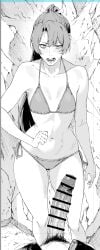 1boy 1girl bikini blush breasts greyscale halterneck highres kantai_collection looking_at_another monochrome penis ponytail side-tie_bikini_bottom small_breasts string_bikini swimsuit takaman_(gaffe) triangle_bikini_top zuikaku_(kancolle)