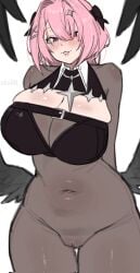 belly_button big_breasts black_clothing black_wings body_stocking hair_ornament hairpin pink_hair plump pussy_line ramiel_(zenless_zone_zero) ribbons wish44 zenless_zone_zero