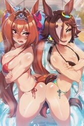 2girls absurd_res absurdres animal_ears bikini blue_eyes blue_hairband brown_hair cleavage daiwa_scarlet flat_chest hair_between_eyes high_resolution highres horse_ears horse_girl huge_breasts large_breasts long_hair micro_bikini multicolored_hair naticai purple_hair red_eyes short_hair skimpy_bikini swimsuit twintails umamusume umamusume_pretty_derby very_long_hair vodka_(umamusume)