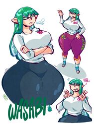 big_breasts green_eyes green_hair hourglass_figure huge_ass huge_thighs inkling inkling_girl irritated long_sleeves monstergrotto nintendo peace_sign splatoon splatoon_2 tentacle_hair toxictoothpick wasabi_(toxictoothpick)