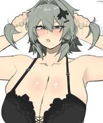 1girl black_bra caesar_king_(zenless_zone_zero) grabbing_hair hair_ornament holding_own_hair wish44 zenless_zone_zero