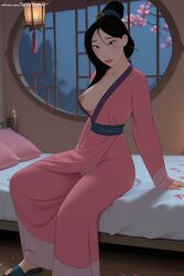 1girl ai_generated black_hair breasts breasts_outside disney fa_mulan hi_res high_quality high_resolution japanese_clothes medium_breasts mole mole_under_mouth nipples patreon seductive sexy sitting solo spicytoonai uncensored watermark