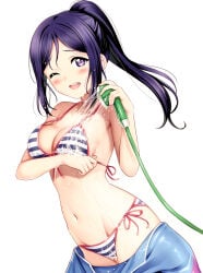 1girls ;d absurd_res arm_under_breasts bikini blush bodysuit breasts cleavage cowboy_shot diving_suit female_focus front-tie_bikini_top front-tie_top highres large_breasts long_hair looking_at_viewer love_live! love_live!_school_idol_festival love_live!_sunshine!! matsuura_kanan medium_breasts navel one_eye_closed open_mouth parted_bangs ponytail purple_eyes purple_hair sankuro_(agoitei) scan shower_head side-tie_bikini_bottom sidelocks simple_background smile solo striped_bikini striped_clothes swimsuit wet wetsuit white_background