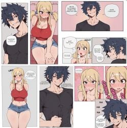 1boy 1girl black_hair blonde_hair breasts clothed comic couple fairy_tail gray_fullbuster hotpants lucy_heartfilia panels sexy tank_top text