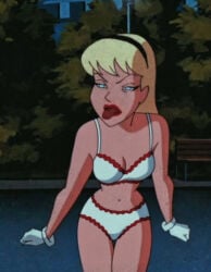 1girls ai_generated blonde_hair bra dc_comics dcau female female_only gloves panties screenshot_edit solo supergirl supergirl_(dcau) tounge_out underwear underwear_only white_bra white_panties