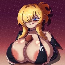 1boy 1girls alternate_version_at_source areola_slip black_clothing blonde_hair blue_eyes breasts dark-skinned_male female goddess_of_victory:_nikke grave_(nikke) huge_breasts large_penis male paizuri penis