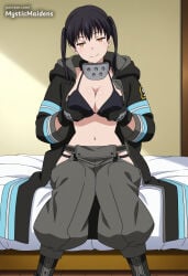 1girl ai_generated anime anime_style baggy_pants bed bikini black_bikini black_coat black_footwear black_gloves black_hair breasts cleavage closed_mouth coat en'en_no_shouboutai enen_no_shouboutai fire_force gloves grabbing_own_breast grey_pants hentai hi_res hip_vent indoors kotatsu_tamaki large_breasts long_hair long_sleeves looking_at_viewer mystic_maidens navel on_bed open_clothes open_coat orange_eyes pants patreon sitting smile solo swimsuit tamaki_kotatsu twintails yellow_eyes