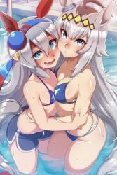 absurd_res absurdres animal_ears bikini blue_eyes flat_chest grey_hair hair_between_eyes high_resolution highres horse_ears horse_girl large_breasts long_grey_hair naticai oguri_cap_(umamusume) swimsuit tamamo_cross_(umamusume) umamusume umamusume:_cinderella_gray umamusume_pretty_derby