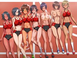 6+girls 7girls athletic booty_shorts buruma edit erect_nipples erect_nipples_under_clothes fancy-studio glasses jikan_teishi_shite_yaritai_houdai midriff multiple_girls pokies short_hair sports_bikini sports_bra sportswear tan tanline time_stop topless track track_uniform