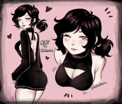 1girls 2d ashley_graves ass black_hair blush breasts cleavage clothed dress female female_only holothes looking_at_viewer one_eye_closed pink_eyes ponytail sideboob solo solo_female the_coffin_of_andy_and_leyley tongue tongue_out wink