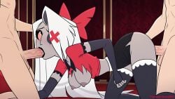 ai ai_art ai_generated azure993 blowjob breasts doggy_style fellatio female female_focus girl hazbin_hotel uncensored vaggie_(hazbin_hotel)
