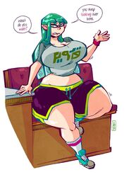 big_breasts bracelet green_eyes green_hair huge_ass huge_thighs inkling_girl irritated monstergrotto nintendo oc original_character shirt shorts sitting splatoon splatoon_2 tentacle_hair text text_bubble toxictoothpick wasabi_(toxictoothpick)