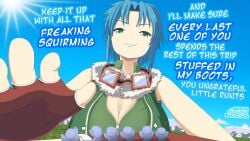 2023 blue_hair blue_hair_female cleavage daikaitenf dialogue eiyuu_densetsu english english_dialogue english_text english_translation evil_grin extreme_size_difference falcom female_focus giant_female giantess goggles green_eyes green_eyes_female green_shirt green_vest grin grinning imminent_stepping josette_capua larger_female light-skinned_female light_skin light_skinned_female looming looming_over macro macro_female size_difference sora_no_kiseki story_at_source the_legend_of_heroes threatening trails_in_the_sky trails_of_(series)
