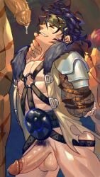 3boys abs absurdres arms_behind_back ass balthus_von_albrecht balthus_von_albrecht_(timeskip) bara bound bound_arms closed_eyes english_commentary erection fire_emblem fire_emblem:_three_houses foreskin fur-trimmed_shirt fur_trim green_headband grin headband highres le_zhang_zhang male_focus multiple_boys multiple_scars muscular muscular_male nipples no_pants pectorals penis precum scar scar_on_leg scar_on_thigh shirt smile sweat testicles yaoi