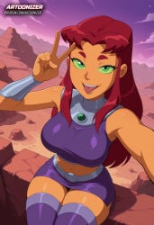 1girls ai_generated armwear artoonizer ass belt big_ass big_breasts breasts cartoon_network dc dc_comics female female_only green_eyes high_heel_boots koriand'r large_breasts latex_thighhighs legs_together light-skinned_female light_skin long_hair looking_at_viewer miniskirt narrow_waist navel orange_skin outdoors patreon patreon_username posing red_hair selfie shiny_skin sitting skirt smile solo solo_female solo_focus starfire starfire_(teen_titans) stomach teen_titans thick_thighs thigh_highs thighhighs tongue tongue_out topwear viewed_from_above wide_hips
