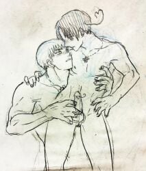 ahoge axis_powers_hetalia blush feliciano_vargas germany_(hetalia) hetalia imminent_masturbation imminent_penetration imminent_sex iron_cross italy_(hetalia) jerkingoff_another looking_at_partner ludwig_weillschmidt masturbation necklace nipple_tweak no_penetration shy shy_expression traditional_media_(artwork) wholesome