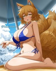 1girls beach beach_umbrella big_breasts bikini blonde_hair blue_bikini clothes female fox_ears fox_girl fox_tail kitsune large_breasts light-skinned_female ran_yakumo stage tagme touhou touhou_project twitter umbrella yakumo_ran yamabikoyahoo
