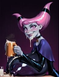 ai_generated cum_in_nose curvy dc_comics drinking_cum female_only glass_of_cum huge_breasts jinx_(dc) jinx_(teen_titans) musk_clouds pink_cheeks pink_eyes pink_hair request smile teen_titans thick_cum thick_nipples twintails